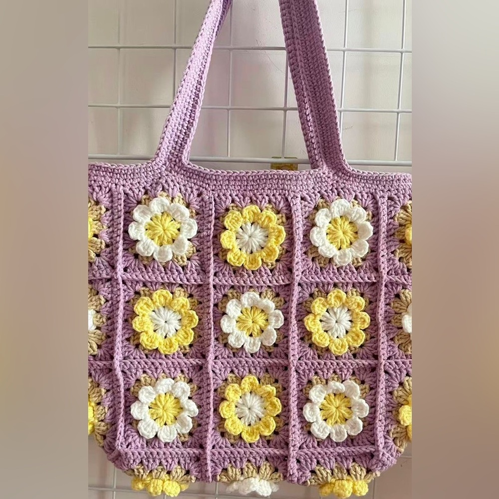 Handmade Floral Crochet Tote Bag - Purple and Yellow